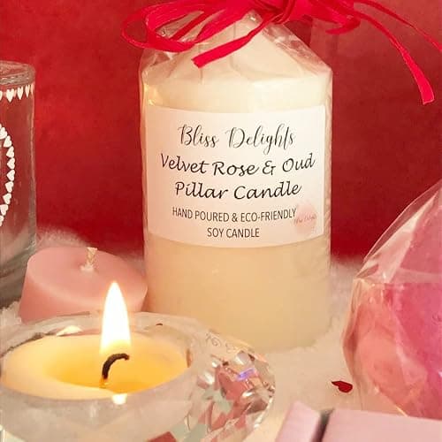 Velvet Rose & Oud Pillar Candle | Hand Poured Eco-Friendly Soy Candle | Plastic Free Packaging, Cruelty Free & Vegan Candles (Small)