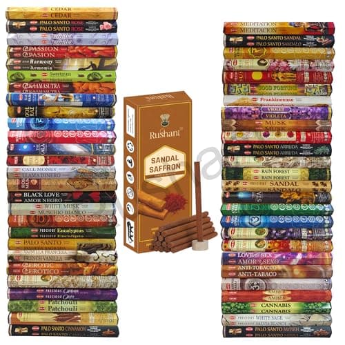 Hem Incense Sticks Gift Set – 300 Sticks (15 Packs x 20 Packs) + Free Rushant Sandal Saffron Dhoop Sticks – Long Burning Aromatherapy for Meditation, Yoga, Relaxation & Home Fragrance