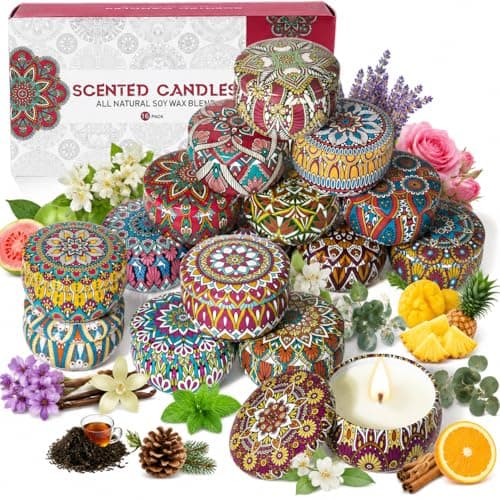 16 Pack Scented Candles Gift Set for Women, Natural Soy Wax Aromatherapy Candles in Decorative Tin Jars, Long Burning Relaxing Candle Gifts for Home, Bath, Spa, Birthday, Christmas