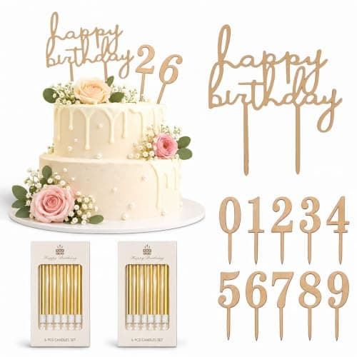 12Pcs Happy Birthday Wooden Cake Topper Numbers 0-9 with Candles