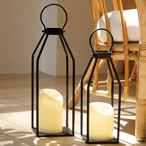 Set of 2 Black Metal Farmhouse Lanterns with LED Candles