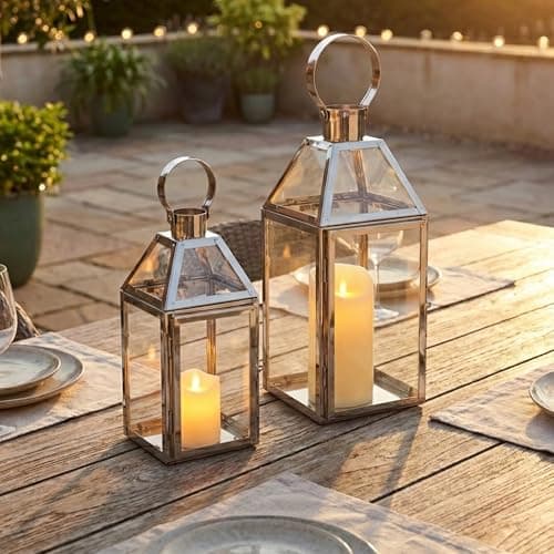 Set of 2 Stainless Steel Lantern Candle Holders, 34cm & 26cm H